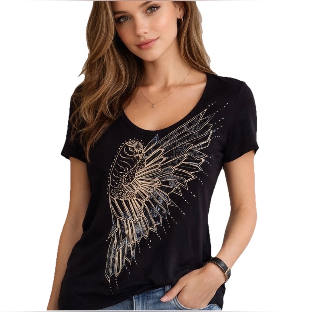 Key Closet War Bird Black Graphic Tee Swarovski Crystals Women’s Size Small